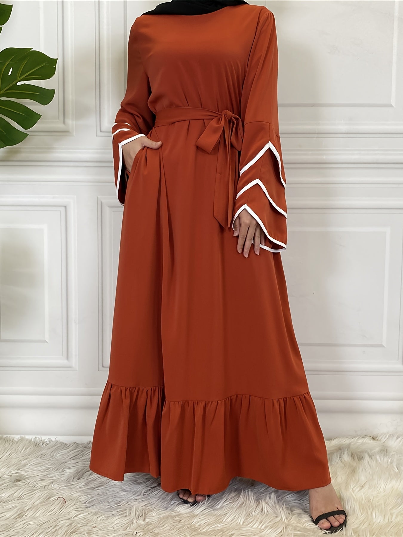Solid Petal Sleeve Crew Neck Loose Modest Dress, Elegant Tie Waist Ruffled Hem Dress, Women's Clothing