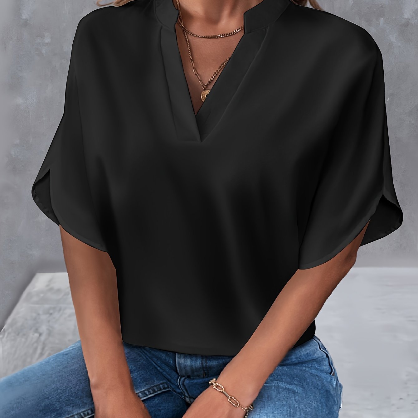 Solid Color Notch Neck Blouse, Casual Short Split Sleeve Blouse For Spring & Summer, Women's Clothing