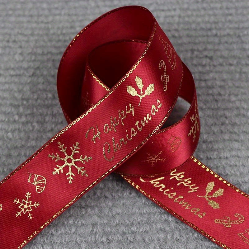 1pc 5 Yards 25mm Bronzing Christmas Ribbon Printed Polyester Ribbon For Christmas Decoration Gift Wrapping DIY Sewing Fabric