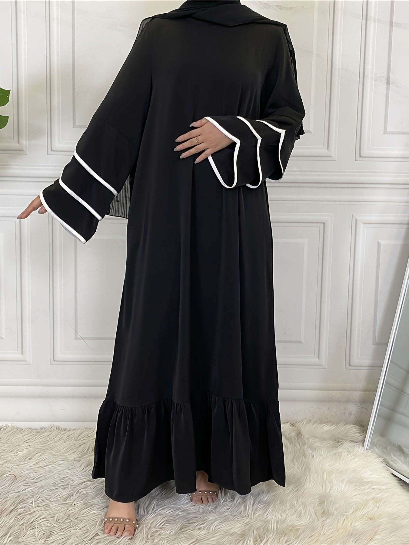 Solid Petal Sleeve Crew Neck Loose Modest Dress, Elegant Tie Waist Ruffled Hem Dress, Women's Clothing