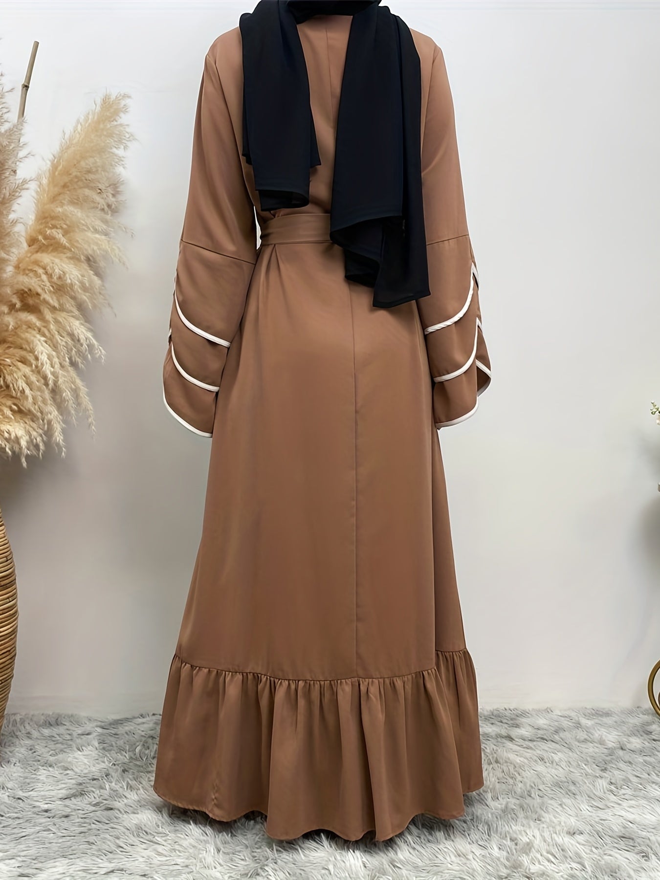 Solid Petal Sleeve Crew Neck Loose Modest Dress, Elegant Tie Waist Ruffled Hem Dress, Women's Clothing
