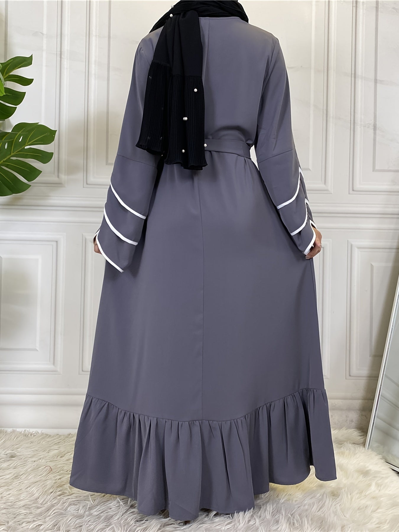 Solid Petal Sleeve Crew Neck Loose Modest Dress, Elegant Tie Waist Ruffled Hem Dress, Women's Clothing