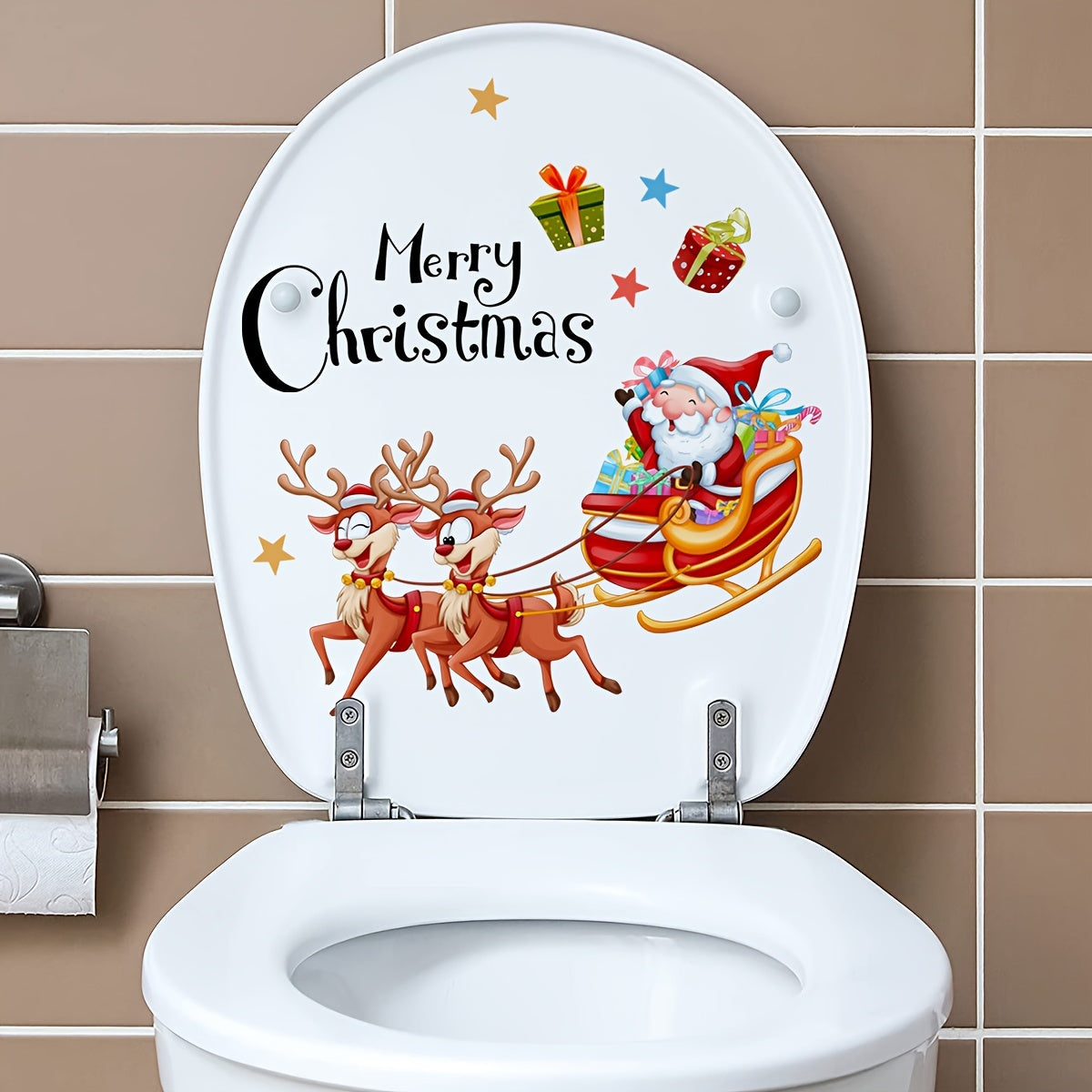 1pc Christmas Elk Reindeer Toilet Lid Decal, Christmas Elk Toilet Sticker, Self-Adhesive Toilet Lid Sticker, Home Decoration, Household DIY Decals, Christmas Decorations, Christmas Gift 2023, Christmas Decorations 2023