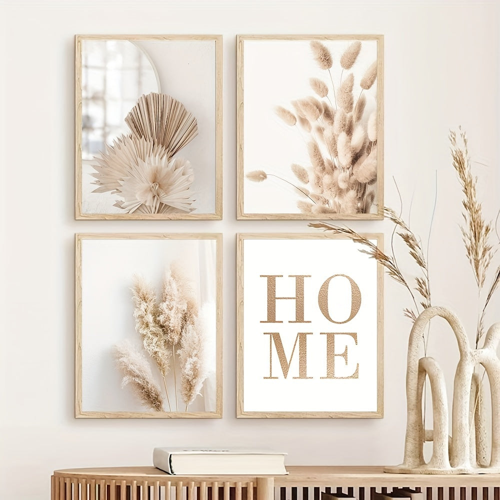 6pcs Unframed Beige Canvas Painting Set, Pampas Grass Painting Poster, Dried Grass Wall Art Painting, Reed Wall Paintings, Leaf Wall Art, Fan Blades Print Pictures, Herbarium Art Prints, Nordic Wall Posters, Home Decoration
