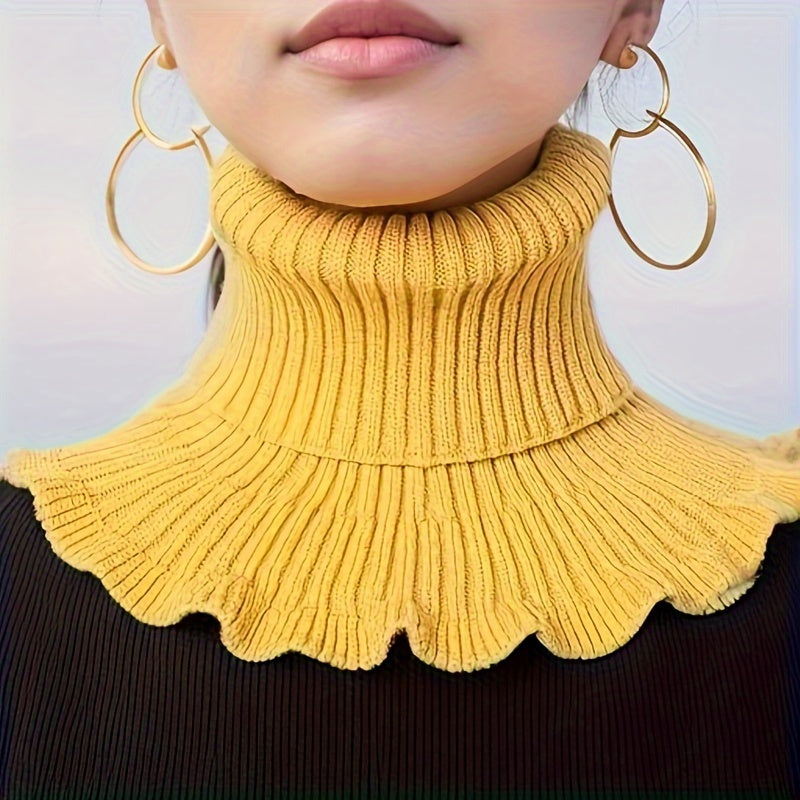 Soft Ruffle Infinity Scarf - Warm Monochrome Knit Fake Collar Neck Gaiter for Autumn Winter - Coldproof Elastic Decoration Pullover Neck Cover with Simple Thick Design
