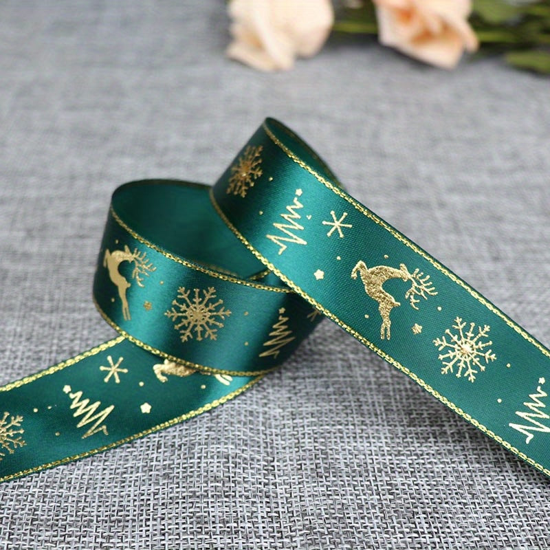 1pc 5 Yards 25mm Bronzing Christmas Ribbon Printed Polyester Ribbon For Christmas Decoration Gift Wrapping DIY Sewing Fabric