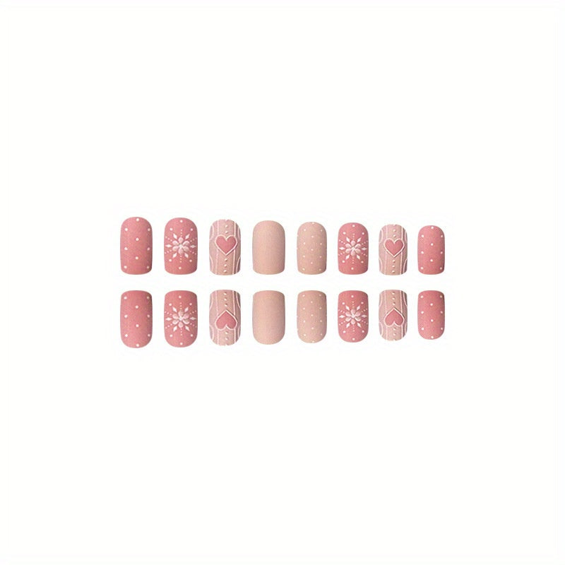 24pcs Faux Ongles Carrés Moyens Mats, Presse Rosâtre Sur Les Ongles Avec Coeur Gaufré 3D Et Motif Flocon De Neige, Faux Ongles Sweet Pour Femmes Filles Nail De Noël