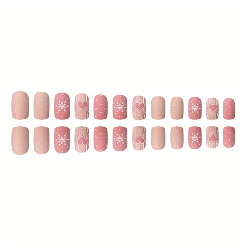 24pcs Faux Ongles Carrés Moyens Mats, Presse Rosâtre Sur Les Ongles Avec Coeur Gaufré 3D Et Motif Flocon De Neige, Faux Ongles Sweet Pour Femmes Filles Nail De Noël
