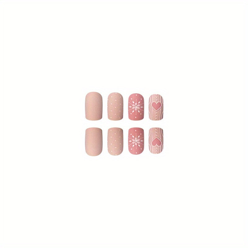 24pcs Faux Ongles Carrés Moyens Mats, Presse Rosâtre Sur Les Ongles Avec Coeur Gaufré 3D Et Motif Flocon De Neige, Faux Ongles Sweet Pour Femmes Filles Nail De Noël