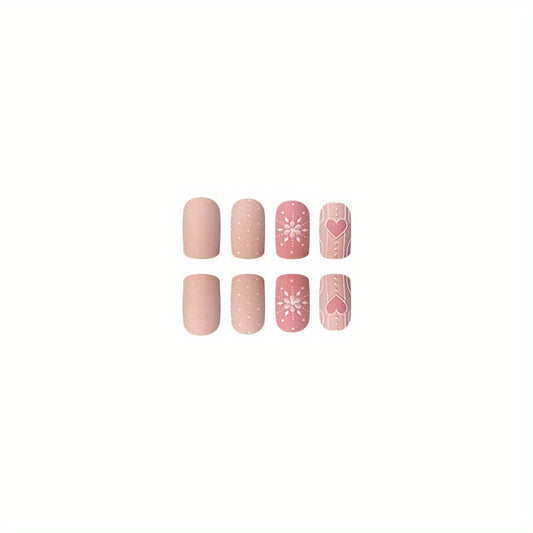 24pcs Faux Ongles Carrés Moyens Mats, Presse Rosâtre Sur Les Ongles Avec Coeur Gaufré 3D Et Motif Flocon De Neige, Faux Ongles Sweet Pour Femmes Filles Nail De Noël