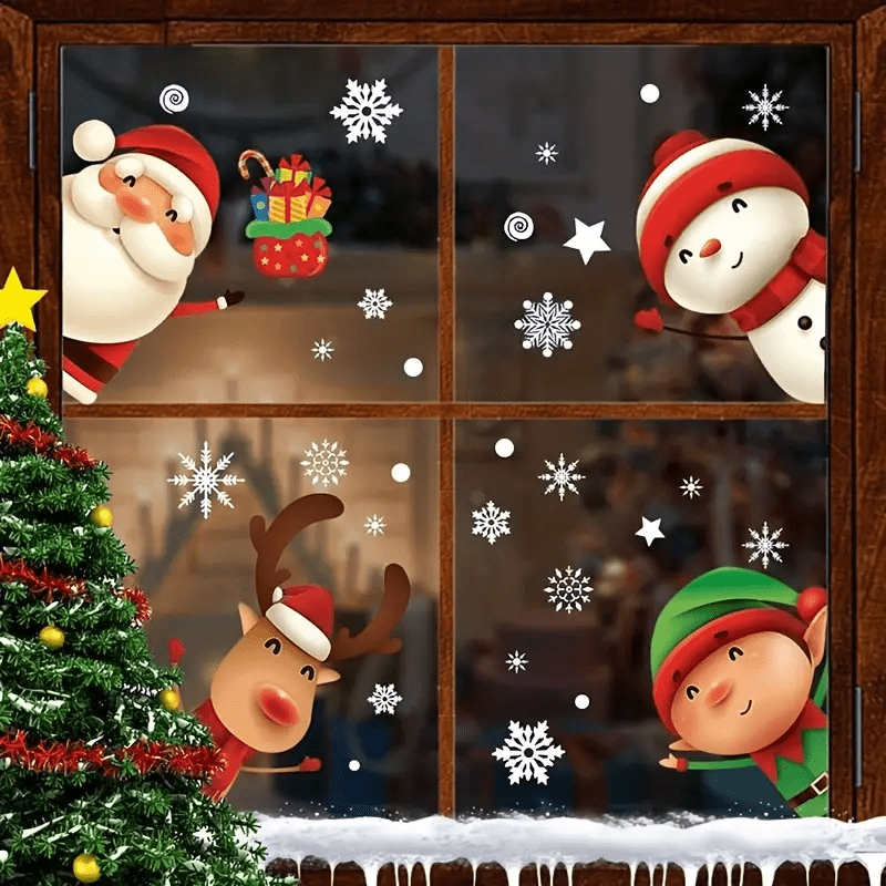 1pc Christmas Window Sticker, Snowflake Christmas Tree Snowman Santa Claus Pattern Glass Window Stickers, Bedroom Entryway Living Room Porch Home Decoration, Removable Stickers