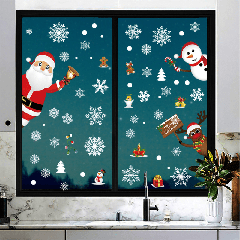 1pc Christmas Window Sticker, Snowflake Christmas Tree Snowman Santa Claus Pattern Glass Window Stickers, Bedroom Entryway Living Room Porch Home Decoration, Removable Stickers