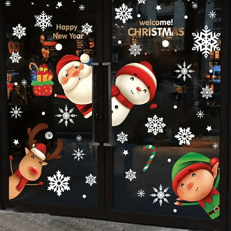 1pc Christmas Window Sticker, Snowflake Christmas Tree Snowman Santa Claus Pattern Glass Window Stickers, Bedroom Entryway Living Room Porch Home Decoration, Removable Stickers