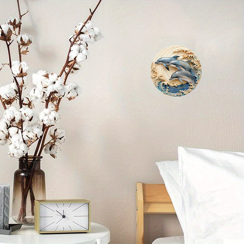 1pc 8x8inch Summer Aluminum Metal Sign 2 Dolphins in Water in A Circular Shaped Wall Decor (2)for Relief Vision, Three-dimensional Effect, Wall Decoration, Home Decoration, Aluminum Sign Home Decor, Wall Decor