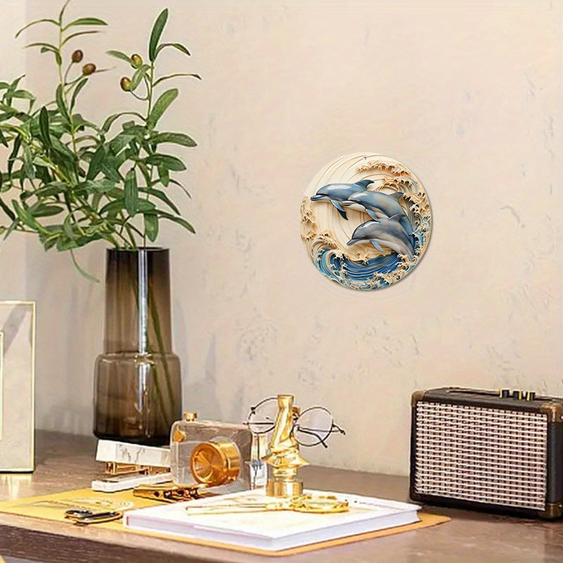1pc 8x8inch Summer Aluminum Metal Sign 2 Dolphins in Water in A Circular Shaped Wall Decor (2)for Relief Vision, Three-dimensional Effect, Wall Decoration, Home Decoration, Aluminum Sign Home Decor, Wall Decor