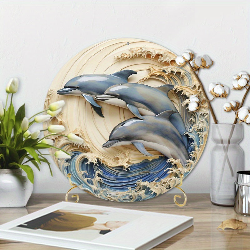 1pc 8x8inch Summer Aluminum Metal Sign 2 Dolphins in Water in A Circular Shaped Wall Decor (2)for Relief Vision, Three-dimensional Effect, Wall Decoration, Home Decoration, Aluminum Sign Home Decor, Wall Decor