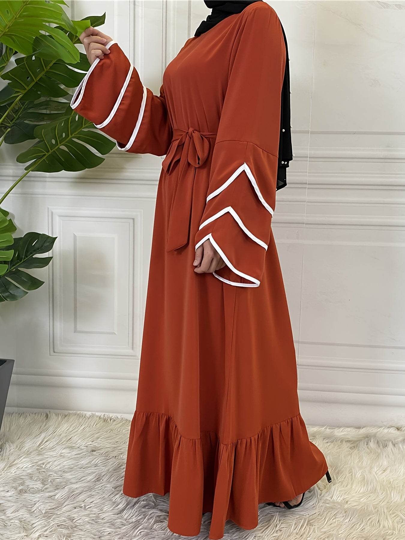 Solid Petal Sleeve Crew Neck Loose Modest Dress, Elegant Tie Waist Ruffled Hem Dress, Women's Clothing
