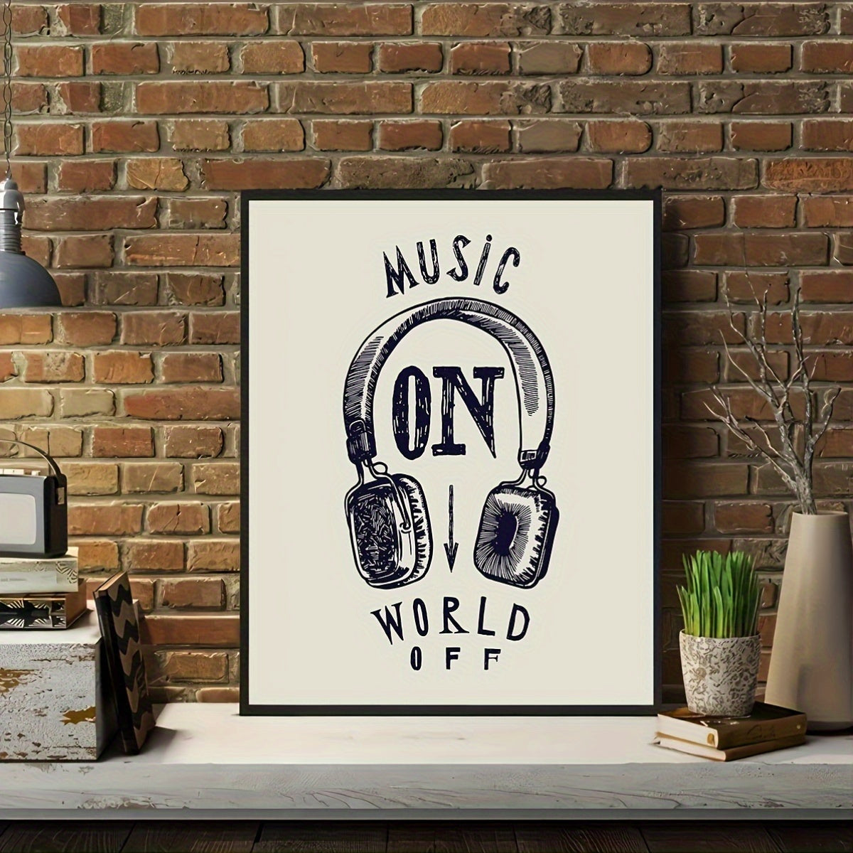 1pc Art Deco Style Unframed Fabric Canvas Wall Art - "Music ON World OFF" Inspirational Headphones Poster - Motivational Music Lovers Artwork for Home, Office, Living Room, Cafe Decor - Seasonal Décor for Christmas, New Year