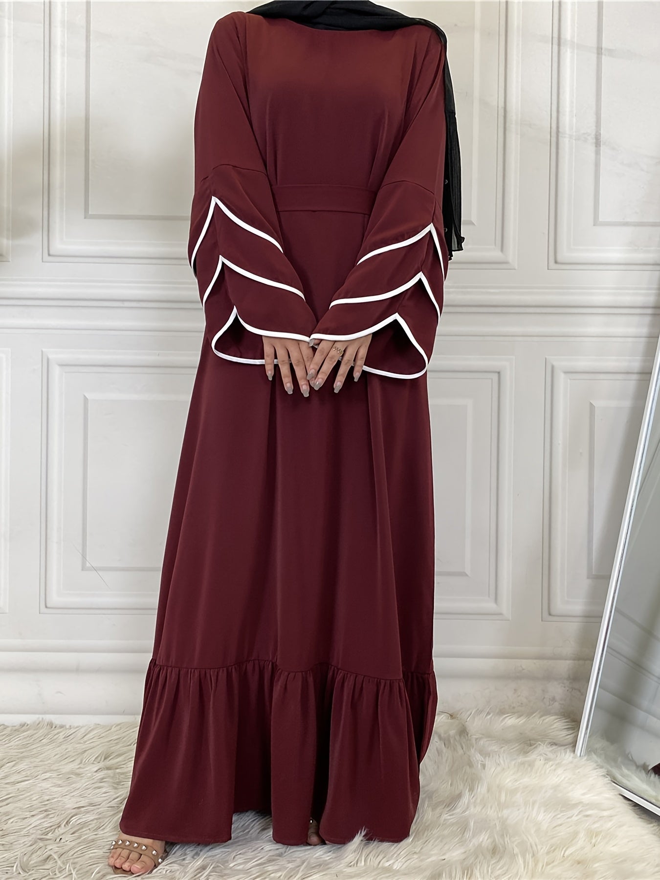 Solid Petal Sleeve Crew Neck Loose Modest Dress, Elegant Tie Waist Ruffled Hem Dress, Women's Clothing