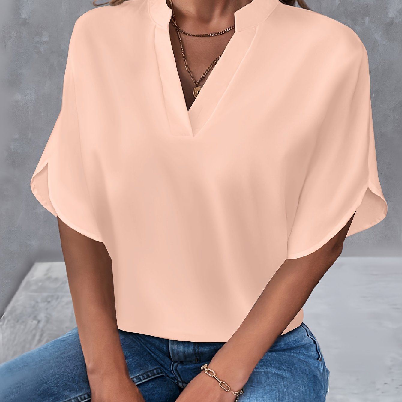 Solid Color Notch Neck Blouse, Casual Short Split Sleeve Blouse For Spring & Summer, Women's Clothing