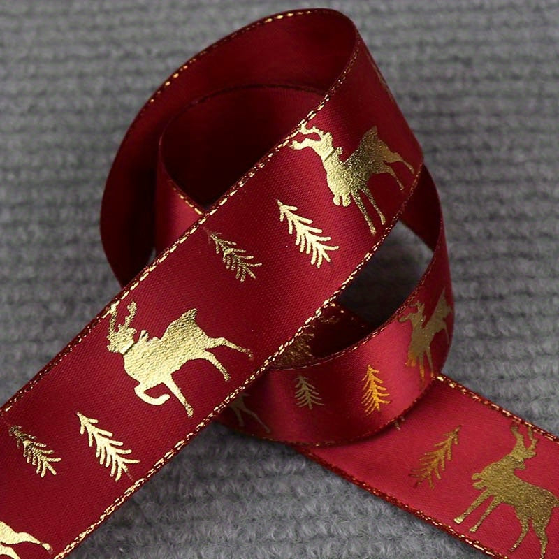 1pc 5 Yards 25mm Bronzing Christmas Ribbon Printed Polyester Ribbon For Christmas Decoration Gift Wrapping DIY Sewing Fabric