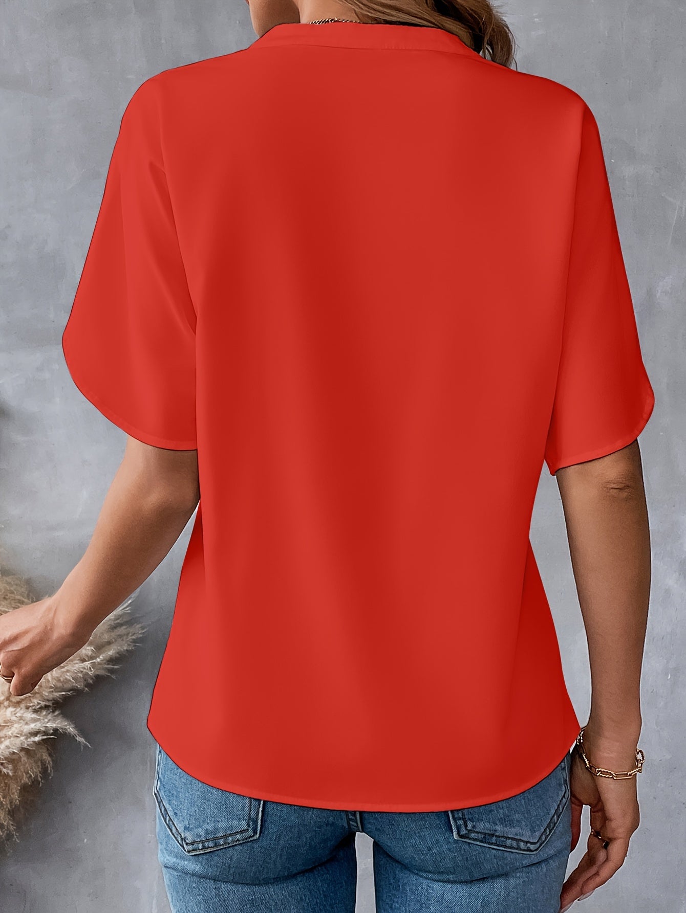 Solid Color Notch Neck Blouse, Casual Short Split Sleeve Blouse For Spring & Summer, Women's Clothing