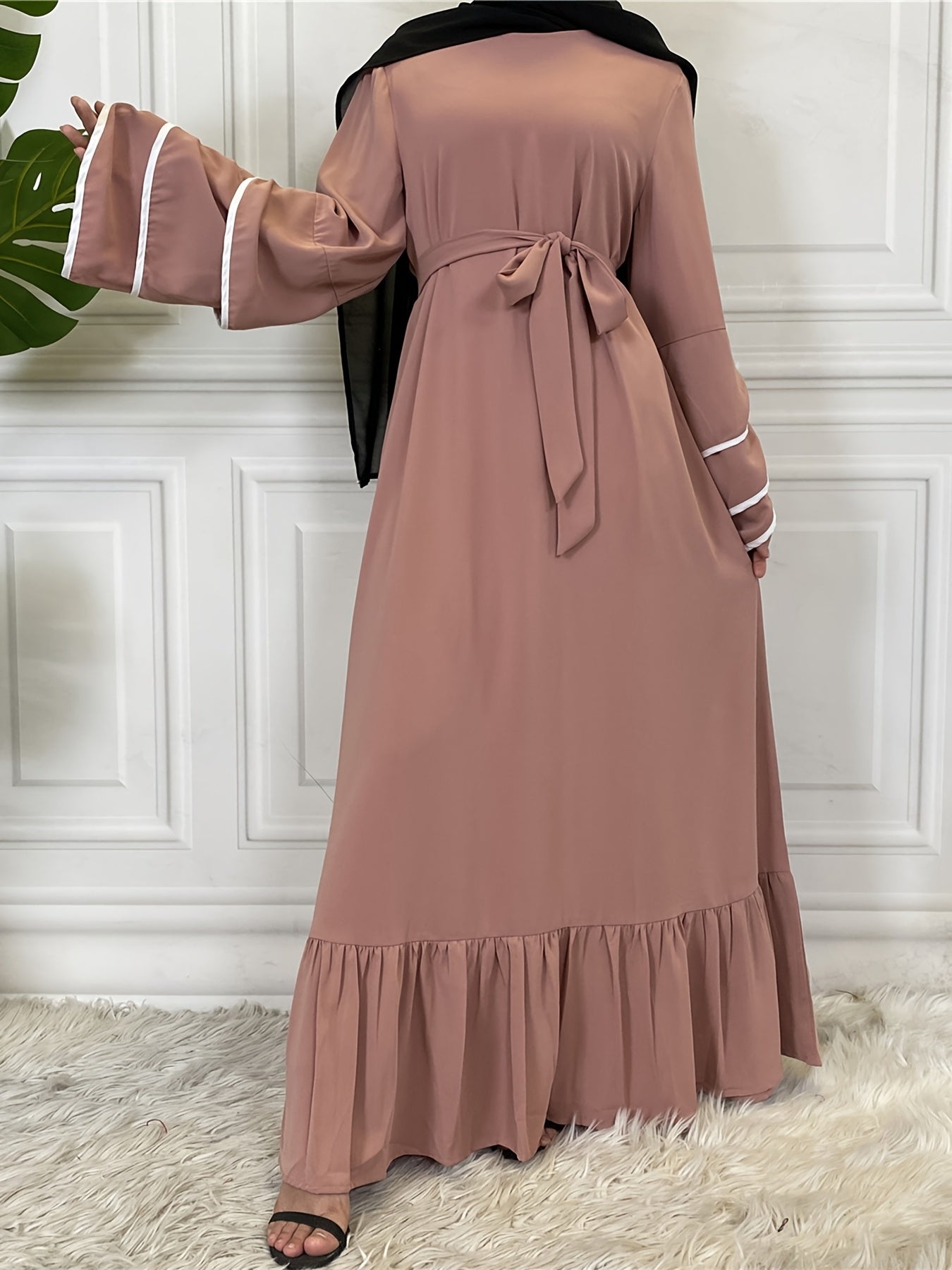 Solid Petal Sleeve Crew Neck Loose Modest Dress, Elegant Tie Waist Ruffled Hem Dress, Women's Clothing