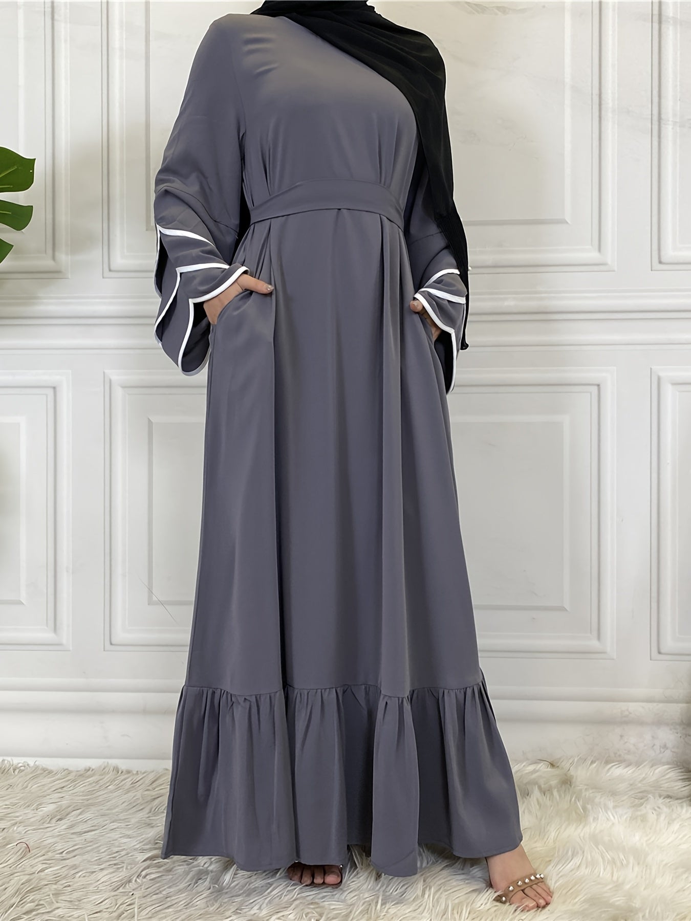 Solid Petal Sleeve Crew Neck Loose Modest Dress, Elegant Tie Waist Ruffled Hem Dress, Women's Clothing