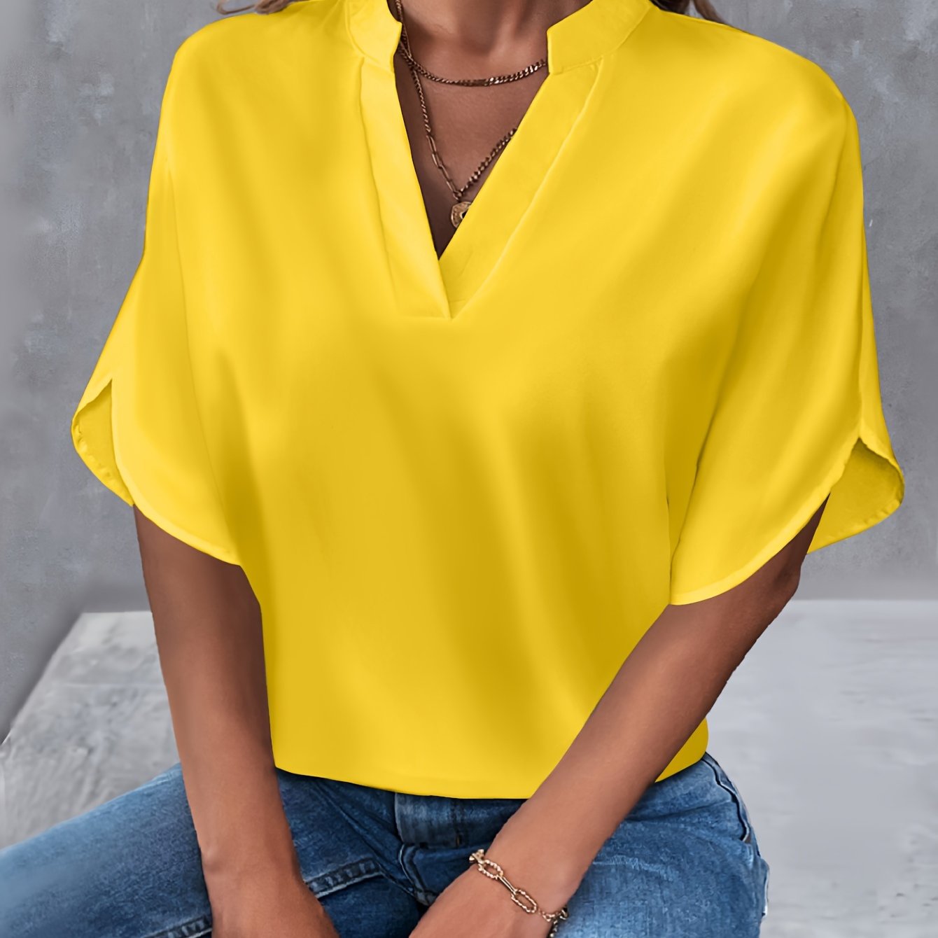 Solid Color Notch Neck Blouse, Casual Short Split Sleeve Blouse For Spring & Summer, Women's Clothing