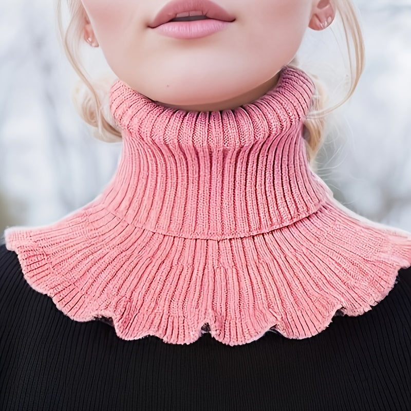 Soft Ruffle Infinity Scarf - Warm Monochrome Knit Fake Collar Neck Gaiter for Autumn Winter - Coldproof Elastic Decoration Pullover Neck Cover with Simple Thick Design