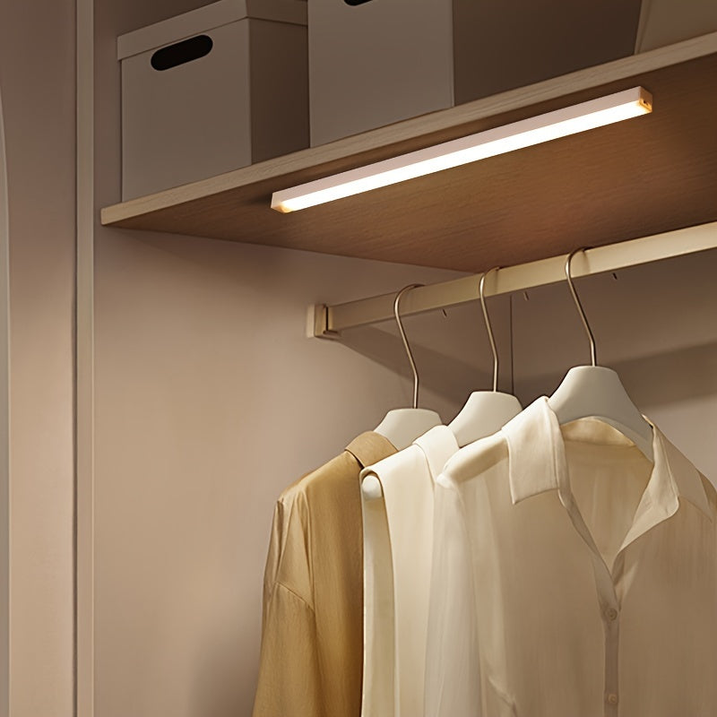 Smart Switch LED Light Human Motion Sensor Long Strip Wireless Magnetic Self-Adhesive Wardrobe Light with Charging Cabinet Light Bar for Countertop Closet Lighting, Rechargeable Kitchen Night Light Battery Powered Lamp for Wa