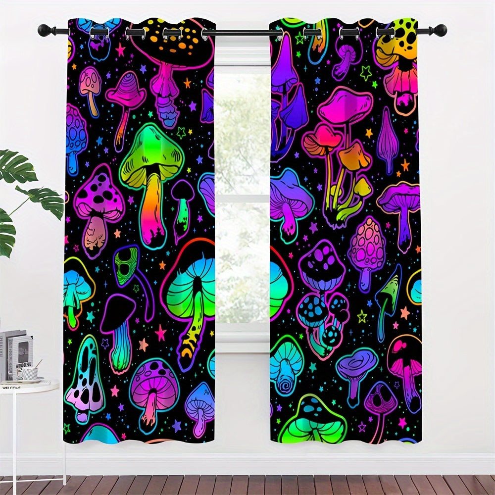 2pcs UV Neon Mushrooms Digital Printed Grommet Top Curtains for Living Room Office Home Decoration