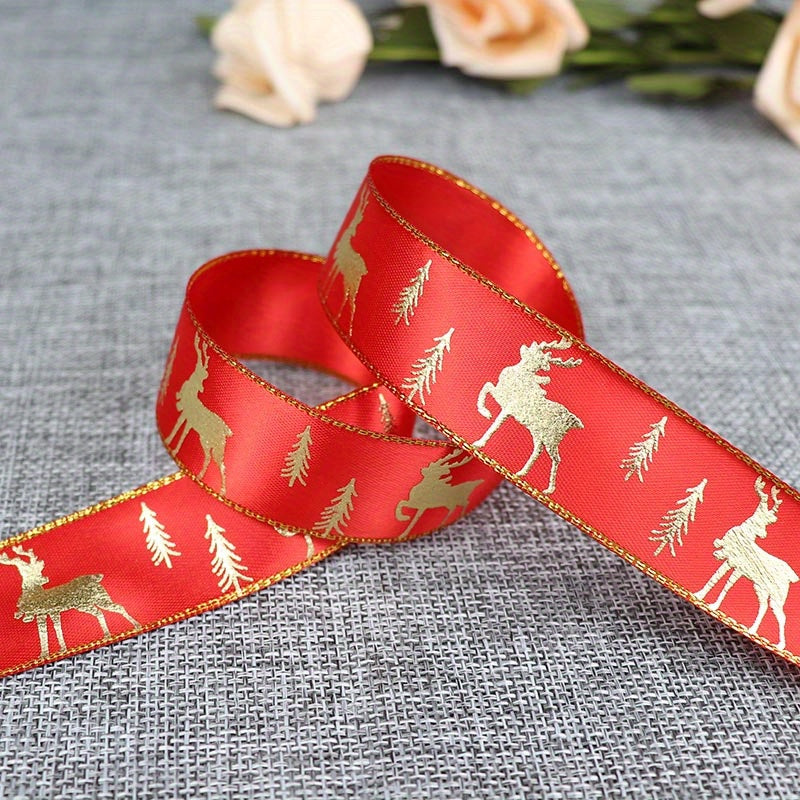 1pc 5 Yards 25mm Bronzing Christmas Ribbon Printed Polyester Ribbon For Christmas Decoration Gift Wrapping DIY Sewing Fabric