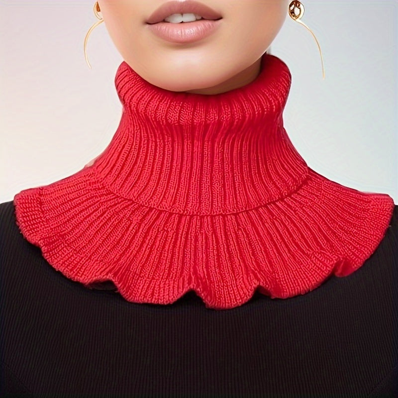 Soft Ruffle Infinity Scarf - Warm Monochrome Knit Fake Collar Neck Gaiter for Autumn Winter - Coldproof Elastic Decoration Pullover Neck Cover with Simple Thick Design