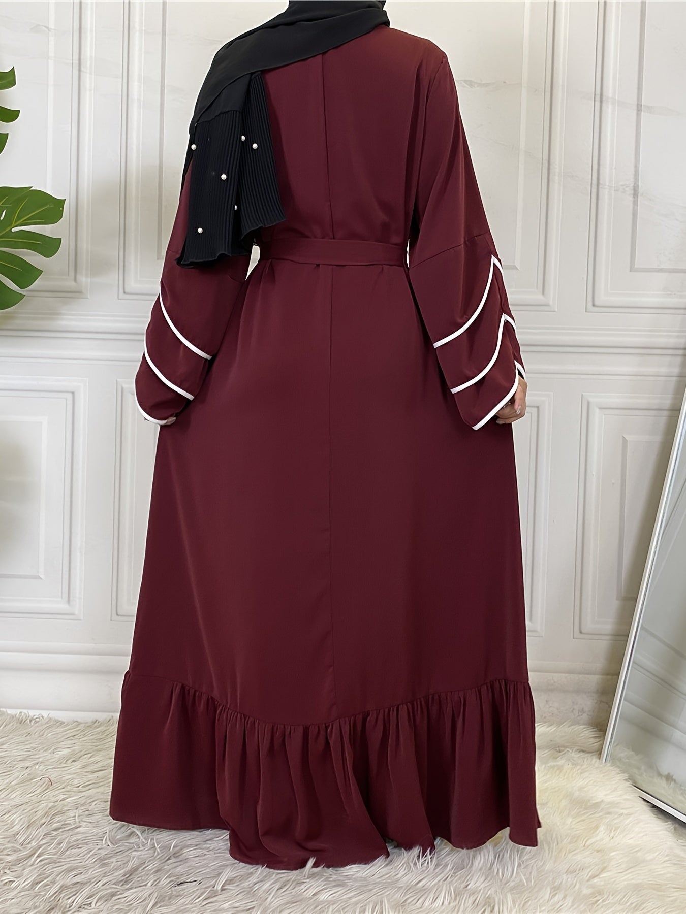 Solid Petal Sleeve Crew Neck Loose Modest Dress, Elegant Tie Waist Ruffled Hem Dress, Women's Clothing