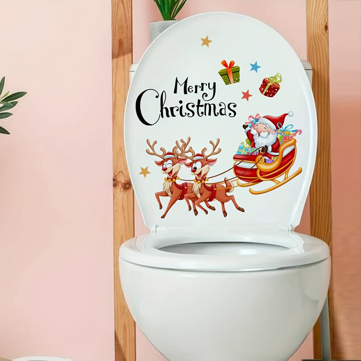 1pc Christmas Elk Reindeer Toilet Lid Decal, Christmas Elk Toilet Sticker, Self-Adhesive Toilet Lid Sticker, Home Decoration, Household DIY Decals, Christmas Decorations, Christmas Gift 2023, Christmas Decorations 2023