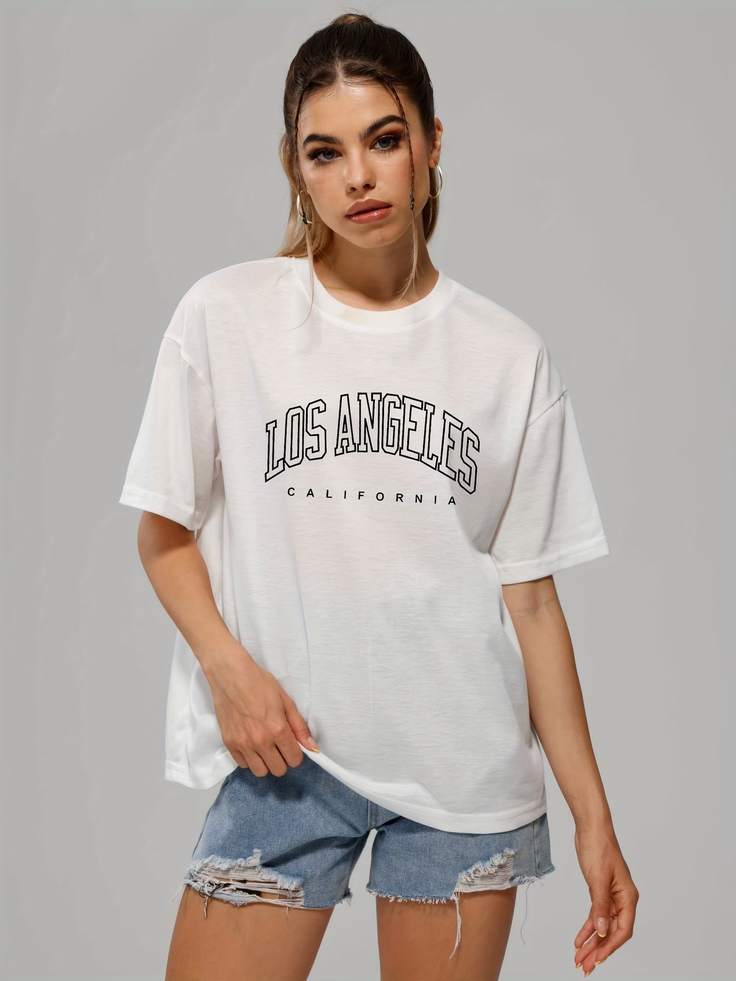 Solid Color Letter Print Casual Sports T Shirt, Soft Crew Neck Short Sleeve Tee, Women's Clothing