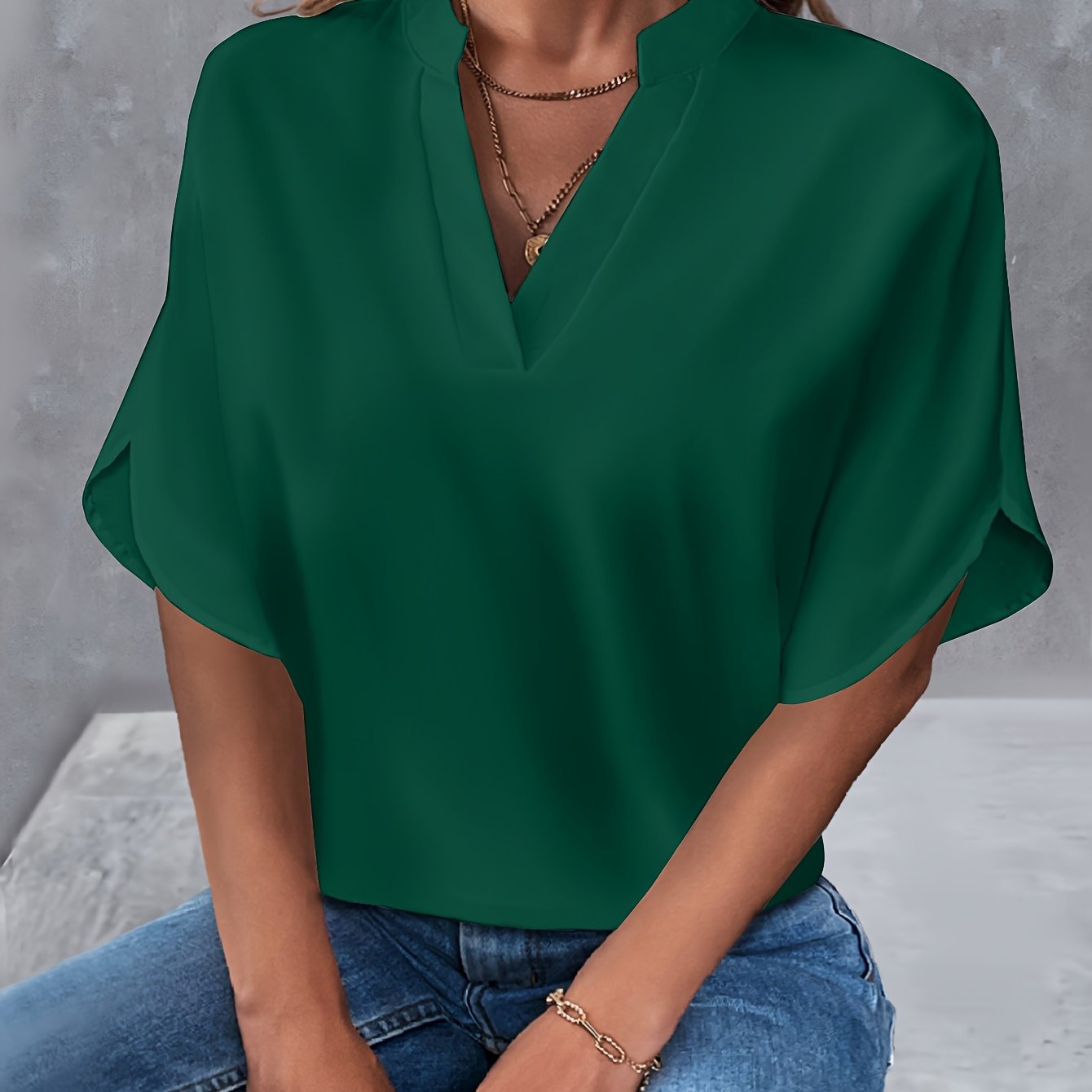 Solid Color Notch Neck Blouse, Casual Short Split Sleeve Blouse For Spring & Summer, Women's Clothing