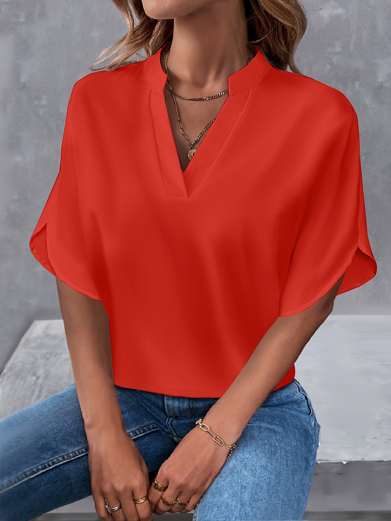 Solid Color Notch Neck Blouse, Casual Short Split Sleeve Blouse For Spring & Summer, Women's Clothing