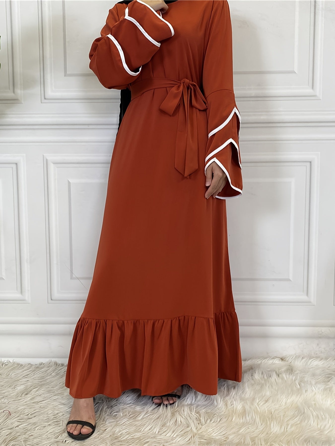 Solid Petal Sleeve Crew Neck Loose Modest Dress, Elegant Tie Waist Ruffled Hem Dress, Women's Clothing