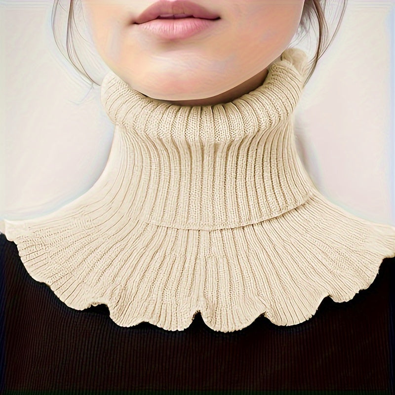Soft Ruffle Infinity Scarf - Warm Monochrome Knit Fake Collar Neck Gaiter for Autumn Winter - Coldproof Elastic Decoration Pullover Neck Cover with Simple Thick Design
