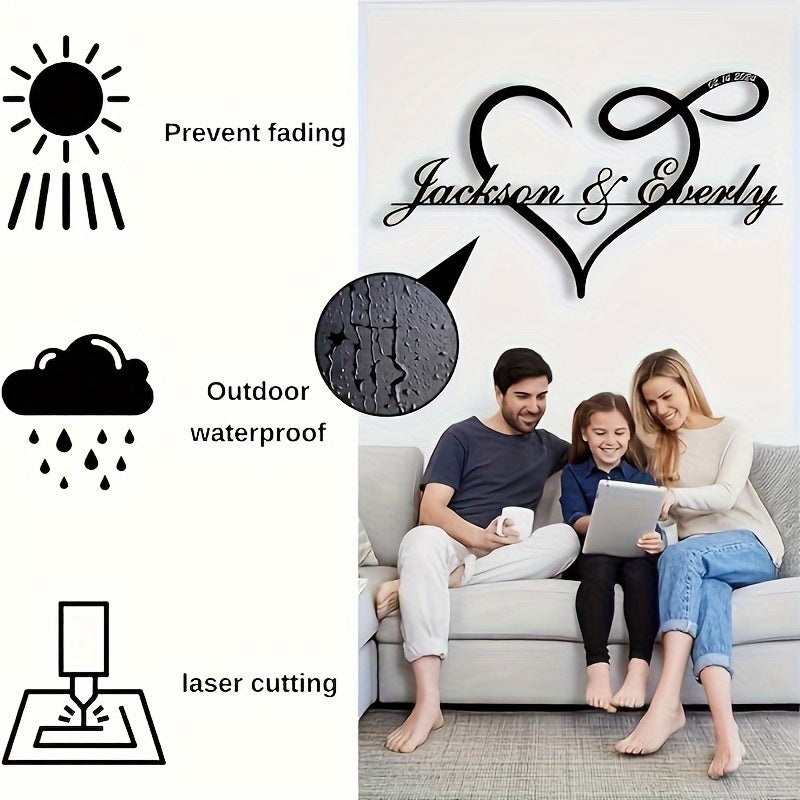 1pc Customizable Art Deco Metal Sign, Personalized Heart Silhouette Wall Art with Signature & Surname, Matte Finish Love Themed Decor for Home, Kitchen, Restaurant, Outdoor Garden, Reusable Pre-pasted Metal Hollow Cutout Craf