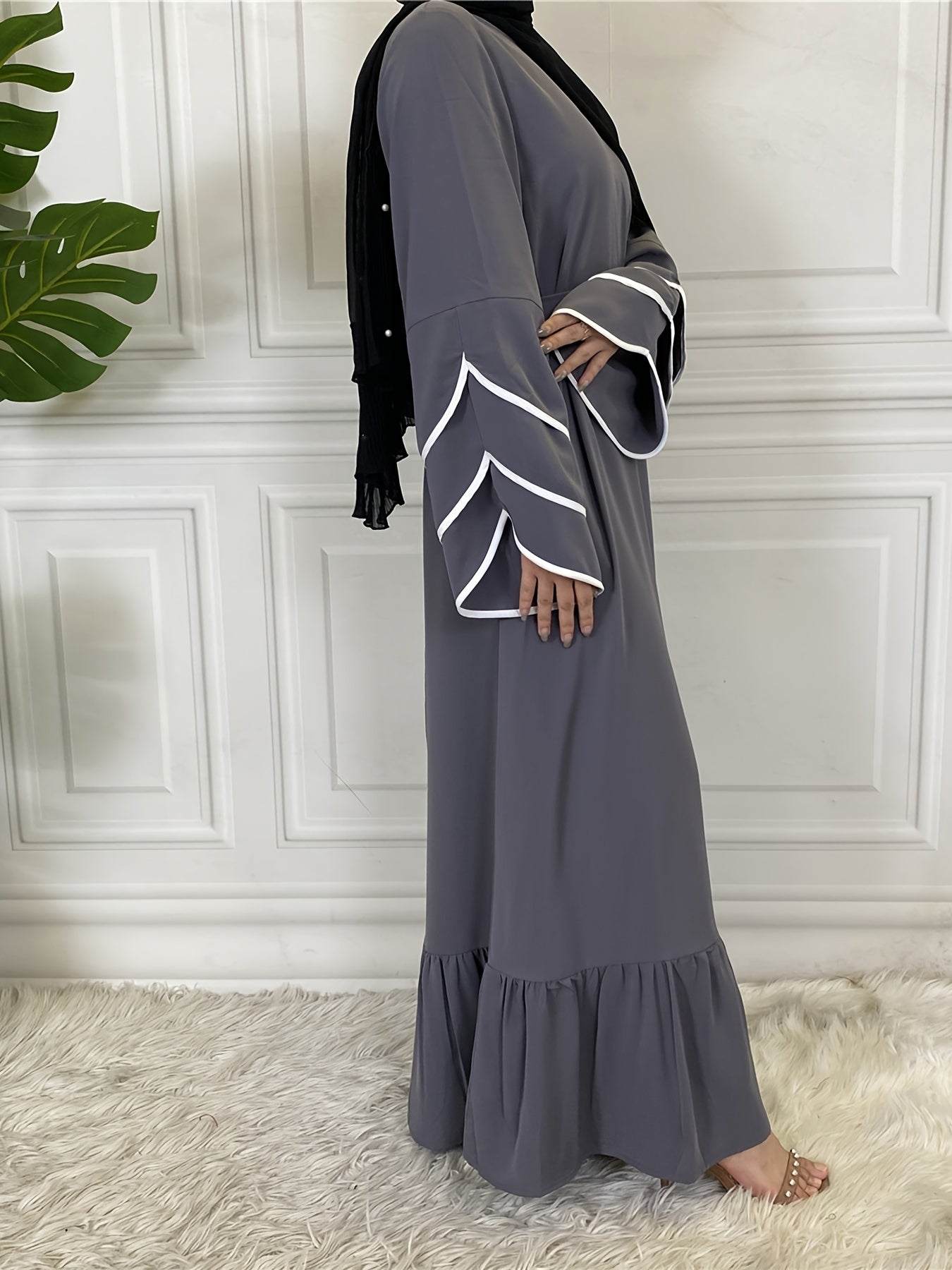 Solid Petal Sleeve Crew Neck Loose Modest Dress, Elegant Tie Waist Ruffled Hem Dress, Women's Clothing