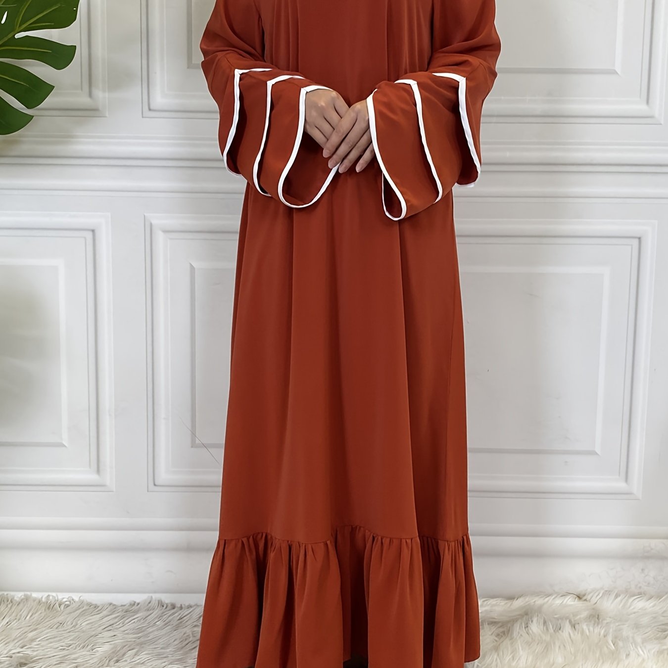 Solid Petal Sleeve Crew Neck Loose Modest Dress, Elegant Tie Waist Ruffled Hem Dress, Women's Clothing
