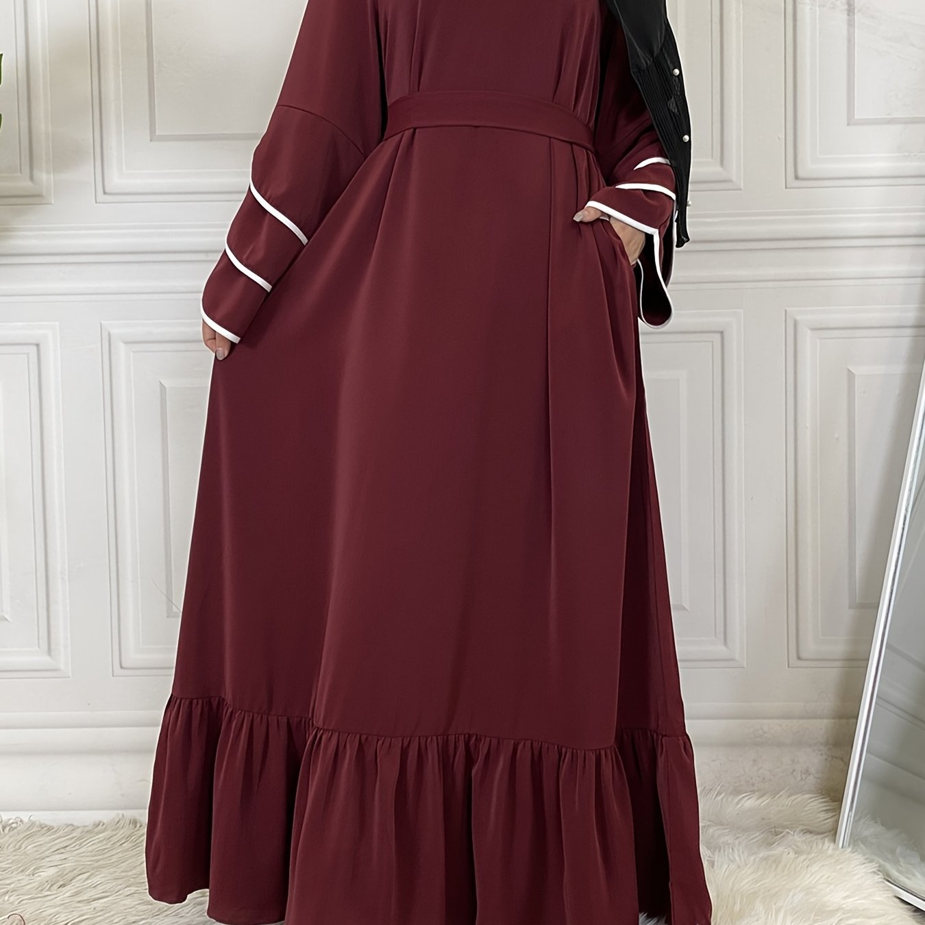 Solid Petal Sleeve Crew Neck Loose Modest Dress, Elegant Tie Waist Ruffled Hem Dress, Women's Clothing