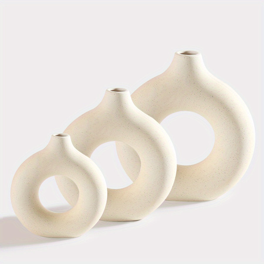 1pc Contemporary Ceramic Vase, Round Circle Design, Creative Ceramic Craft, Living Room Decor, Cross-Border Bestseller, 5.12*5.51inch Decorative Flower Vase