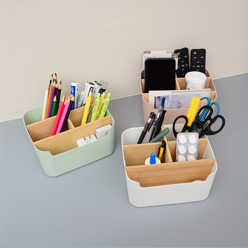 1pc 5 Compartments Bamboo Desk Organizer, Office Organizer with Pen Holder, Bathroom Make Up Storage Box, Living Room Sundries Holder, Bedroom Earing Hair Ring Jewelry Storage Box, Desk & Drawer Organizer for Home Storage