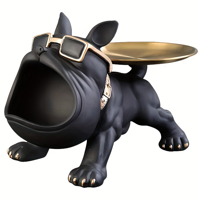 1 Chic Bulldog Storage Decor - Resin Art Statue with Glasses & Golden Tray, Ideal for Home & Office, Fits Living Room, Bedroom, Entryway - Perfect for Christmas, New Year, Mother'S Day, Halloween, Easter, Dog Deco
