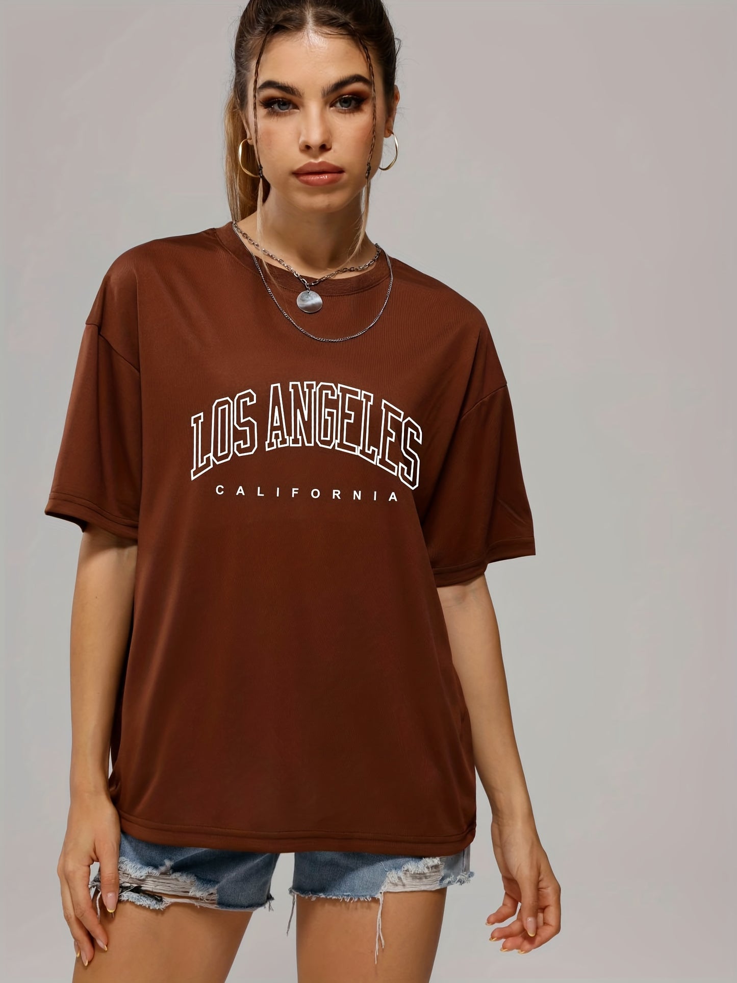 Solid Color Letter Print Casual Sports T Shirt, Soft Crew Neck Short Sleeve Tee, Women's Clothing