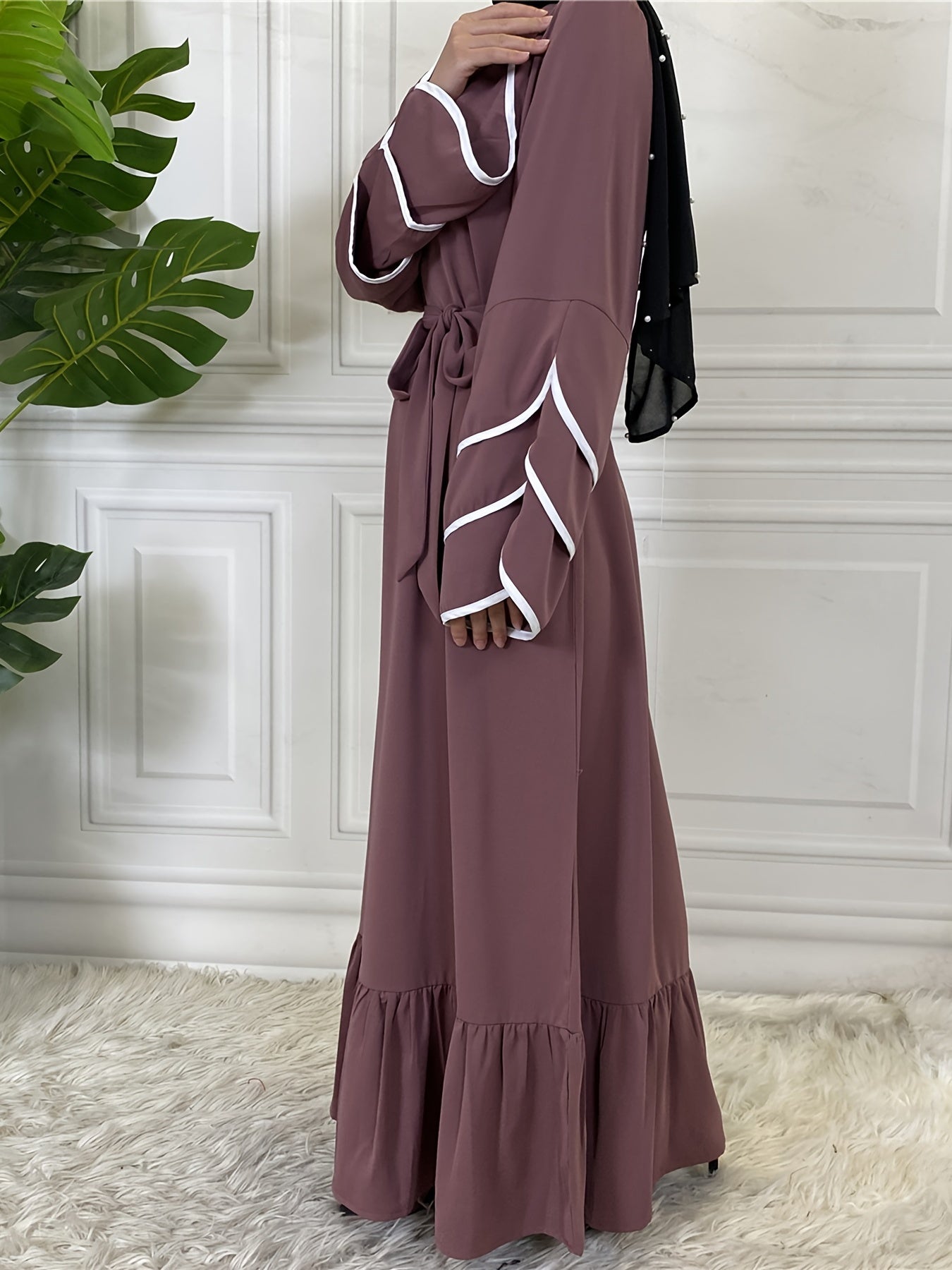 Solid Petal Sleeve Crew Neck Loose Modest Dress, Elegant Tie Waist Ruffled Hem Dress, Women's Clothing